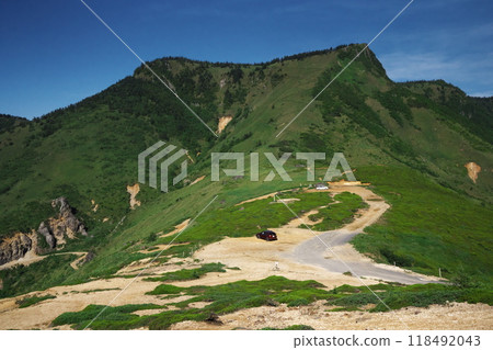 Parking lot and Hafu-dake at Kenashi Pass in summer Parking lot and Hafu-dake at Kenashi Pass in summer 118492043