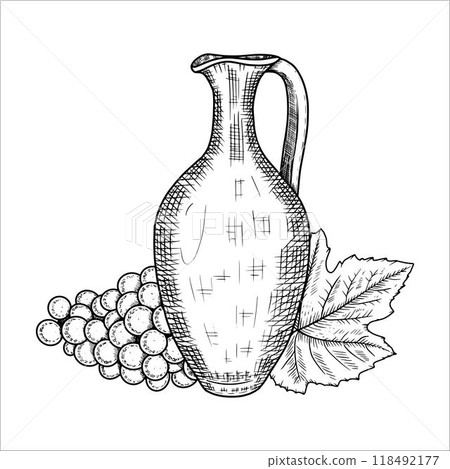 Hand drawn jug with wine, grapes. Vector illustration 118492177