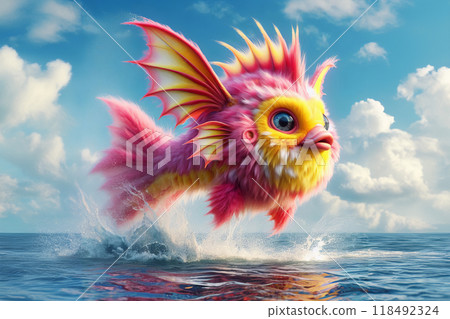 Whimsical and imaginative, this scene showcases a large, fluffy fish in bright pink and yellow, drifting over serene blue water under a sky with soft, scattered clouds 118492324