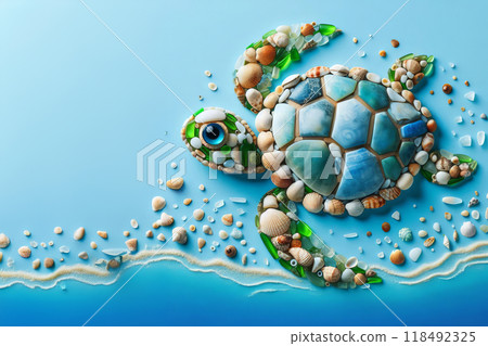 Creative sea glass and seashell arrangement on blue background, forming turtle shape. Seashell as shell, sea glass as head and limbs. Natural materials for artistic animal depiction, 118492325