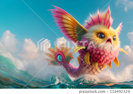 a colorful fluffy fish sitting on top of a wave in the ocean, fantasy art, cute monster 118492329