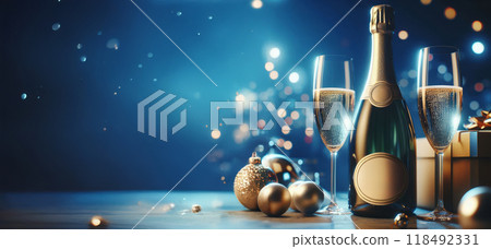 two filled champagne glasses beside the bottle, blurred festive background that suggests an indoor setting with blue lighting, celebration or special occasion 118492331