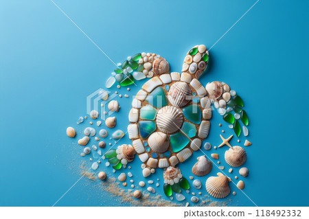 a creative representation of a turtle made from seashells and pieces of glass on a blue background that resembles the sea, artistic interpretation of marine life, creativity using natural materials, 118492332