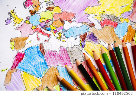Color drawing world map with colored pencils for children and kids. Color drawing world map with colored pencils for children and kids. 118492503