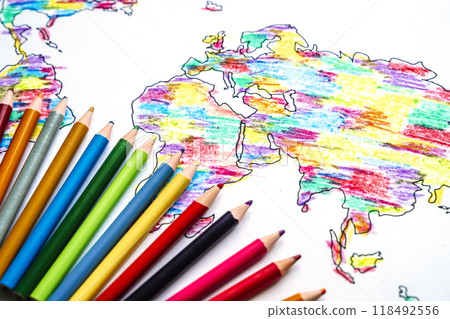 Color drawing world map with colored pencils for children and kids. Color drawing world map with colored pencils for children and kids. 118492556