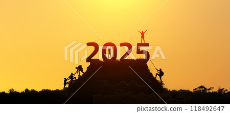 2025 year concept. Silhouettes of active people in nature against the backdrop of sunset and the numbers 2025 2025 year concept. Silhouettes of active people in nature against the backdrop of sunset and the numbers 2025 118492647