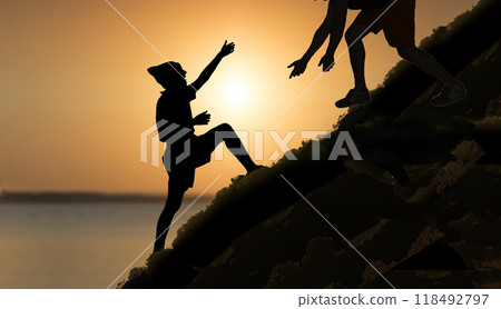 People on top of the mountain. Goal achievement, motivation concept. People on top of the mountain. Goal achievement, motivation concept. 118492797