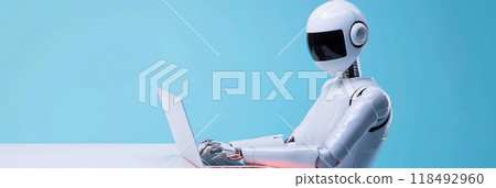 Robot with laptop banner background 118492960