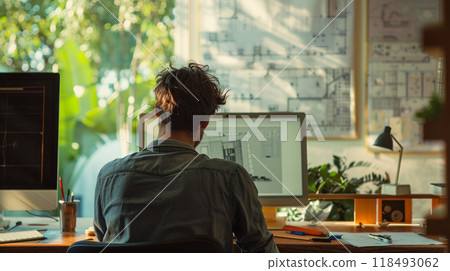 Architect at work at his desk in studio 118493062