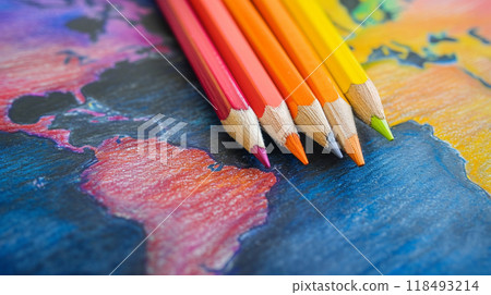 World map drawn with colored pencils 118493214