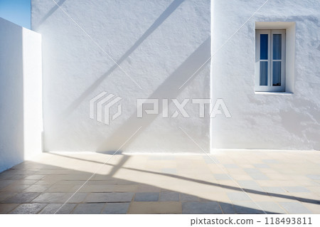 Dayllght greece courtyard with shadow on white wall. Beautiful Mediterranean style background 118493811