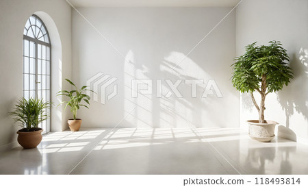Dayllght greek house interior with palm shadow on white wall. Beautiful Mediterranean style background 118493814