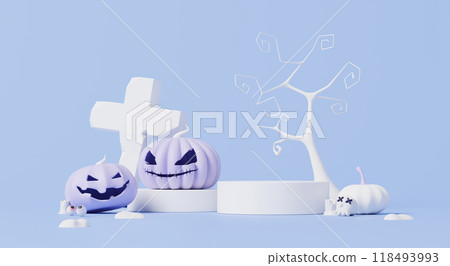 3D render, Happy Halloween party with display podium decorate with cute spooky tree, pumpkin and grave on purple pastel background. 118493993