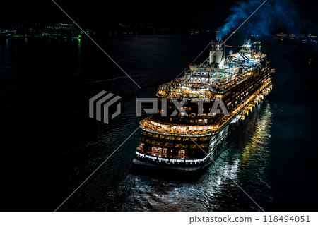 Cruise ship departing from Nagasaki Port (Adora Magic City) Night view of the Megami Bridge (illuminated) [Nagasaki City] 118494051