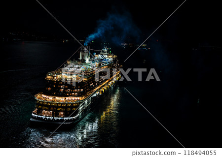 Cruise ship departing from Nagasaki Port (Adora Magic City) Night view of the Megami Bridge (illuminated) [Nagasaki City] 118494055
