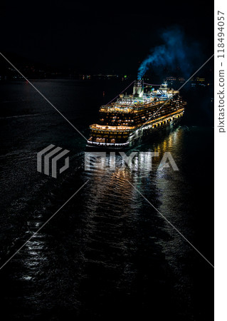 Cruise ship departing from Nagasaki Port (Adora Magic City) Night view of the Megami Bridge (illuminated) [Nagasaki City] 118494057
