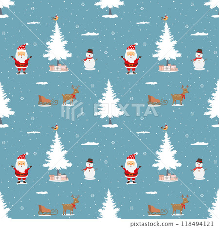 Winter holiday seamless pattern with Santa Claus celebrate party on winter night Winter holiday seamless pattern with Santa Claus celebrate party on winter night 118494121