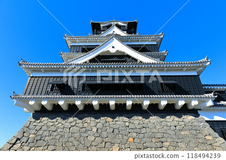 [熊本縣]晴朗的天氣下的熊本城大天守閣 118494239