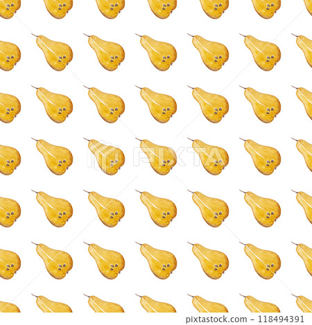 Ripe pear halves. Watercolor yellow fruits. Sweet healthy dessert. Summer illustration. Seamless pattern for your design Ripe pear halves. Watercolor yellow fruits. Sweet healthy dessert. Summer illustration. Seamless pattern for your design 118494391