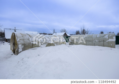 Snow covered greenhouses in a back garden awaiting spring, creating a serene winter landscape with country houses peeking out of the windows. Snowy winter in the garden. 118494492