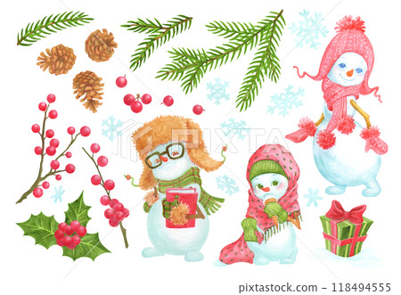 Set of winter characters and elements. Cute watercolor snowmen, coniferous tree branches, holly twigs and berries, pine cones, snowflakes and gift. Isolated objects for season and Christmas designs 118494555