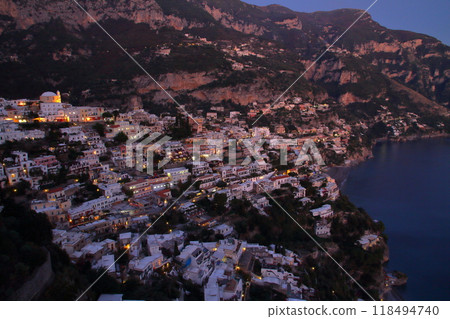 Night view of Positano on the Amalfi Coast, a World Heritage Site facing the Tyrrhenian Sea, Salerno Province, Campania, Republic of Italy, Southern Europe Night view of Positano on the Amalfi Coast, a World Heritage Site facing the Tyrrhenian Sea, Salerno Province, Campania, Republic of Italy, Southern Europe 118494740