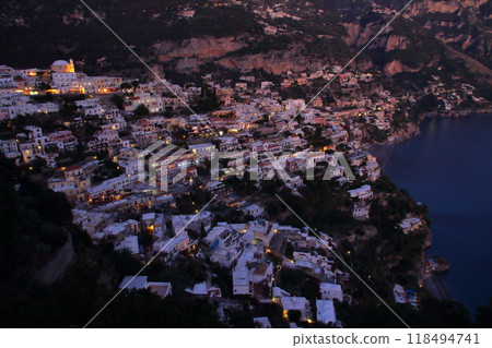 Night view of Positano on the Amalfi Coast, a World Heritage Site facing the Tyrrhenian Sea, Salerno Province, Campania, Republic of Italy, Southern Europe Night view of Positano on the Amalfi Coast, a World Heritage Site facing the Tyrrhenian Sea, Salerno Province, Campania, Republic of Italy, Southern Europe 118494741