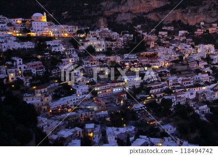 Night view of Positano on the Amalfi Coast, a World Heritage Site facing the Tyrrhenian Sea, Salerno Province, Campania, Republic of Italy, Southern Europe Night view of Positano on the Amalfi Coast, a World Heritage Site facing the Tyrrhenian Sea, Salerno Province, Campania, Republic of Italy, Southern Europe 118494742