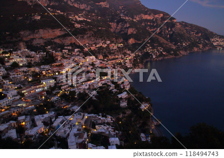 Night view of Positano on the Amalfi Coast, a World Heritage Site facing the Tyrrhenian Sea, Salerno Province, Campania, Republic of Italy, Southern Europe Night view of Positano on the Amalfi Coast, a World Heritage Site facing the Tyrrhenian Sea, Salerno Province, Campania, Republic of Italy, Southern Europe 118494743