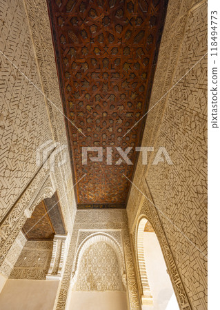 Arabic interiors of Nasrid Palace, Alhambra palace comple, Generalife and Albayzin (Generalife y Albaicin de Granada), UNESCO site, Granada, Andalusia, Spain 118494773