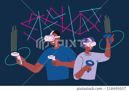 Vector illustration of gamers using virtual reality headsets and controllers, father and kid playing fun immersive VR game. Flat cartoon style with bright neon colors. Technology in gaming 118495037
