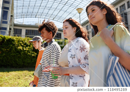 Medium shot of four teenage people from different ethnic backgrounds walking side by side in park enjoying communication and warm summer day, copy space 118495289