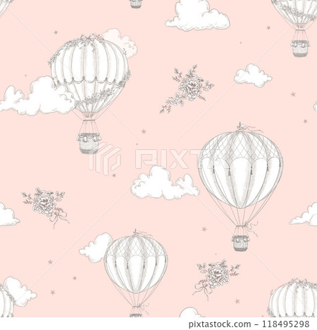 Beautiful seamless pattern with hand drawn air balloons and clouds. Stock illustration. Ready print design. Beautiful seamless pattern with hand drawn air balloons and clouds. Stock illustration. Ready print design. 118495298