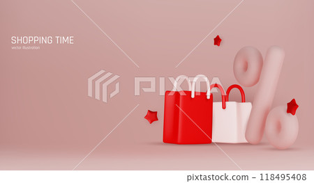3D shopping bag with big percent sign inside with copy space for text. Red and pink elegant sale, discount and special offer background. 3D shopping bag with big percent sign inside with copy space for text. Red and pink elegant sale, discount and special offer background. 118495408