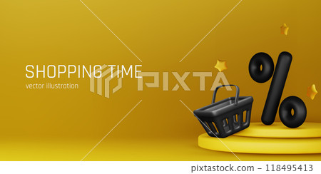 3D shopping basket with percentage symbol isolated. Render realistic shopping cart and colorful percent sign. Sale discount or clearance. Online or retail shopping. Vector illustration 118495413