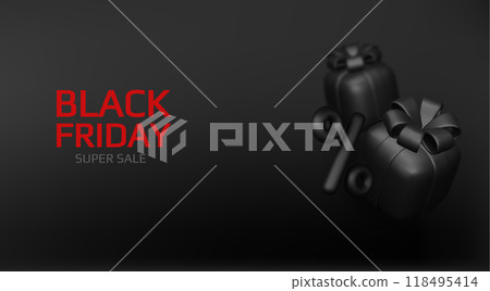 Black Friday Sale. Realistic 3d design gift box black, shopping bag, big percent label discount. Creative marketing concept. Vector illustration Black Friday Sale. Realistic 3d design gift box black, shopping bag, big percent label discount. Creative marketing concept. Vector illustration 118495414
