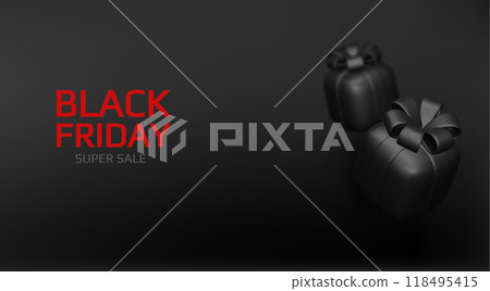 Black Friday Sale. Realistic 3d design gift box black, black bow. Creative marketing concept. Vector illustration Black Friday Sale. Realistic 3d design gift box black, black bow. Creative marketing concept. Vector illustration 118495415