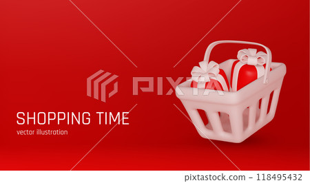 Shopping cart full of gifts. Realistic 3d gift boxes fly and fall to shopping cart. Vector illustration 118495432