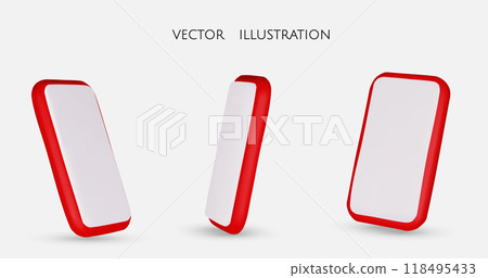 Set of red different angles of smartphone in 3d render with screen, isolated white background, vector illustration 118495433