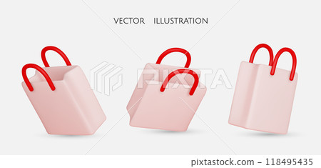 Set of pink realistic shopping bags in realistic style. Stylish fashionable bag isolated on white background. 3D Vector illustration 118495435