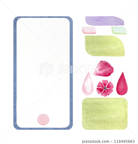 An mobile app constructor with panels and buttons, a pink petal and blood drop for tracking menstrual periods, watercolor set isolated on white. Great for menstrual care design, woman's health blogs 118495663