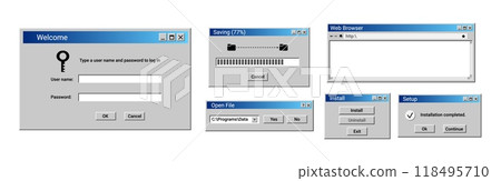 Old user interface windows. Retro loading window. Open file panel in blue. 118495710