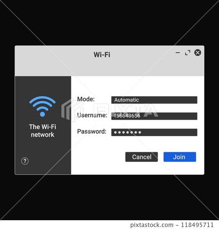 Internet connection window. Wifi connect panel for user management. 118495711