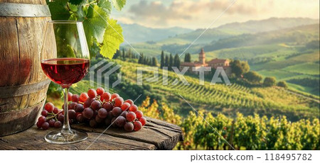 Glass of red wine, wine barrel on wooden table, sunny landscape with vineyards and wineries, copy space 118495782