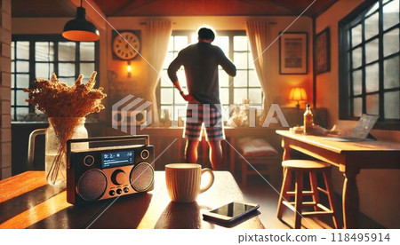 Enjoying music while getting ready in the morning 118495914