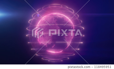 A digital representation of purple Earth with glowing lines encircling the planet, highlighting global connectivity and technology 118495951