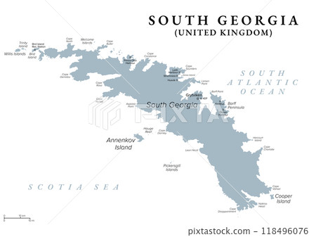 South Georgia, gray political map. Part of the British Overseas Territory of South Georgia and the South Sandwich Islands. Group of islands in the South Atlantic Ocean and Scotia Sea. Illustration 118496076