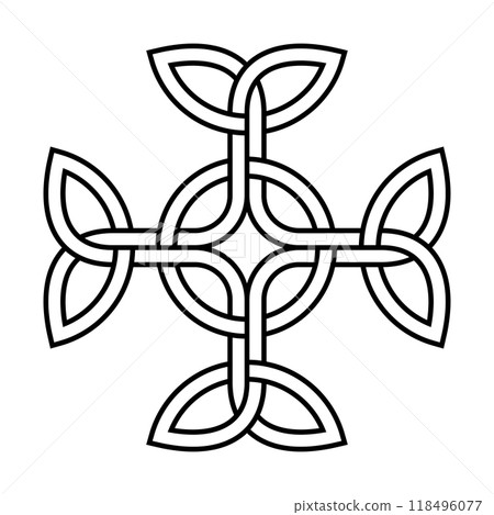 Interlaced cross with arms of equal arms in Celtic style. Celtic form of the Greek cross, with triangular knots at its four ends, intertwined with a circle in the center, a Christian symbol and sign. 118496077