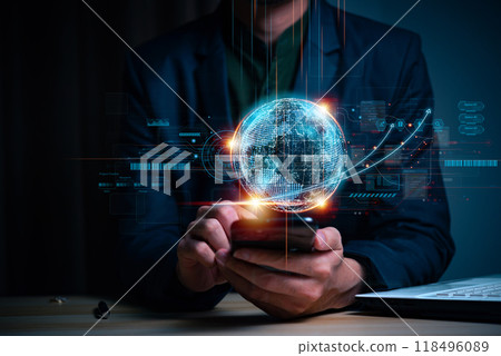 Businessman hand holding the earth global virtual shown corporate future growth year 2023 to 2024. New Goals with Plans and Visions for Next Year 2024, Opportunity, challenge and business strategy. 118496089