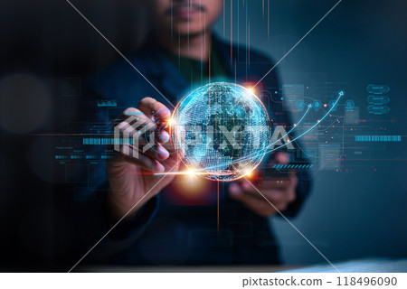 Businessman hand holding the earth global virtual shown corporate future growth year 2023 to 2024. New Goals with Plans and Visions for Next Year 2024, Opportunity, challenge and business strategy. Businessman hand holding the earth global virtual shown corporate future growth year 2023 to 2024. New Goals with Plans and Visions for Next Year 2024, Opportunity, challenge and business strategy. 118496090